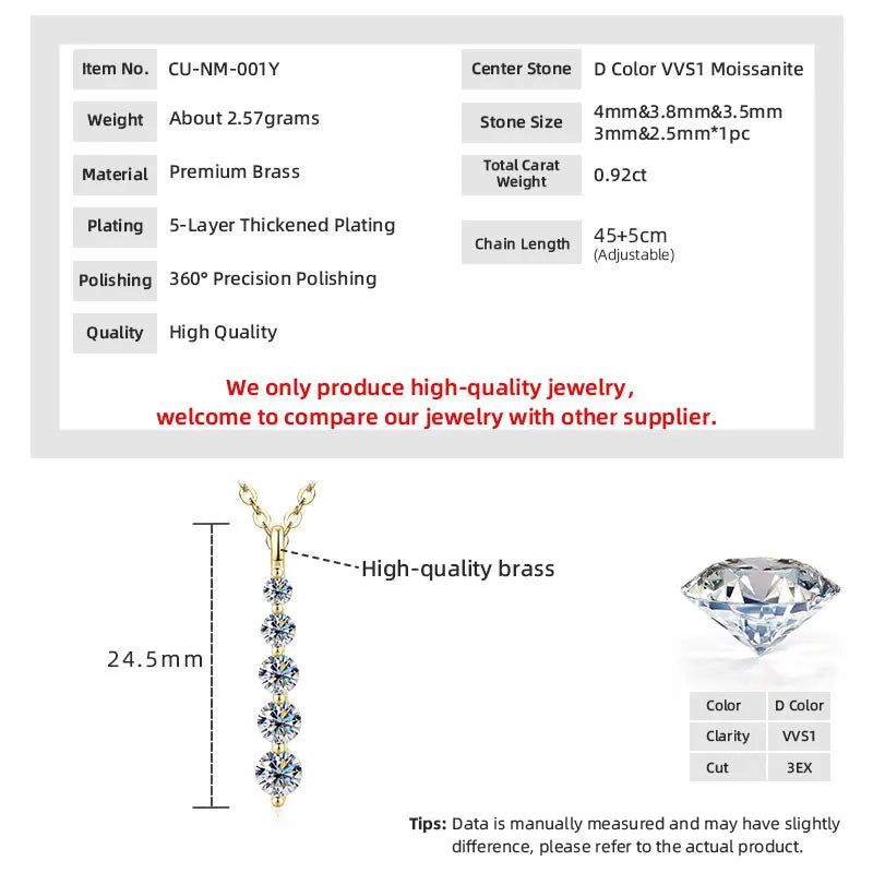 GRA Certified D VVS1 Full Moissanite Diamond 5-Stone Pendant Necklace for Women Girls Chain Neck Jewelry Gifts Collares