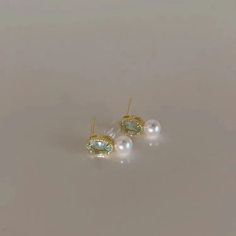 925 Sterling Silver Blue Zircon Pearl Stud Earrings for Women Korean Simple Temperament Jewelry Accessories