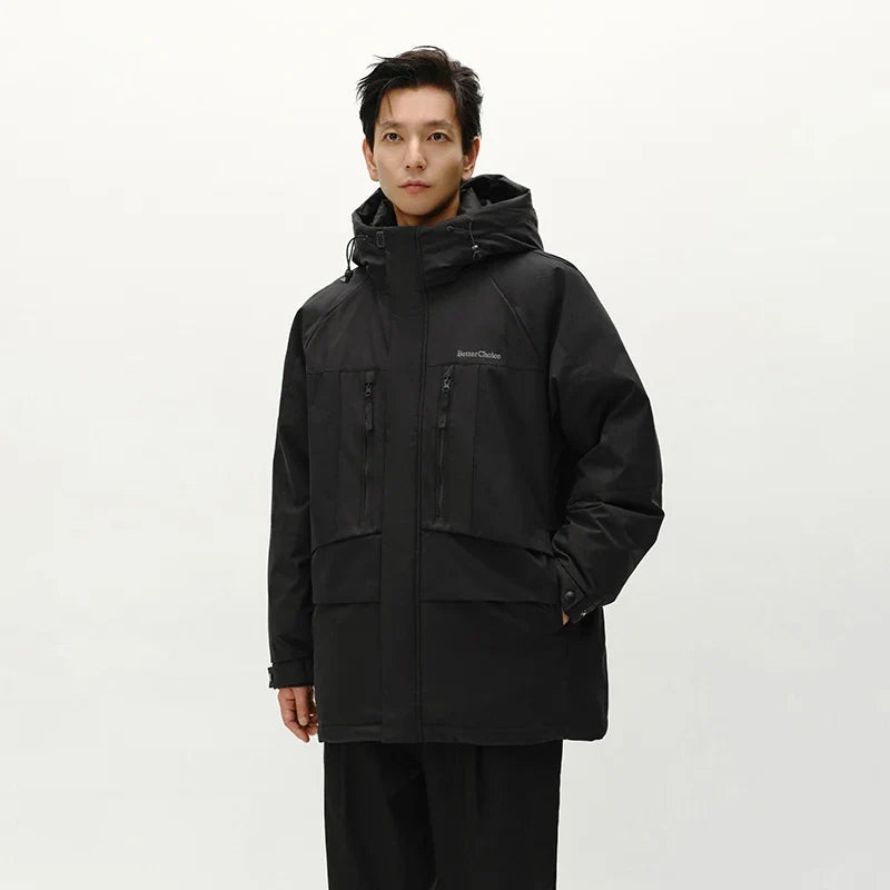 Down Jacket Men Mid-Length Hooded Sport Colorblock 2026 Winter Man Clothes Warm Outerwear Windproof Warm Colorblock Design