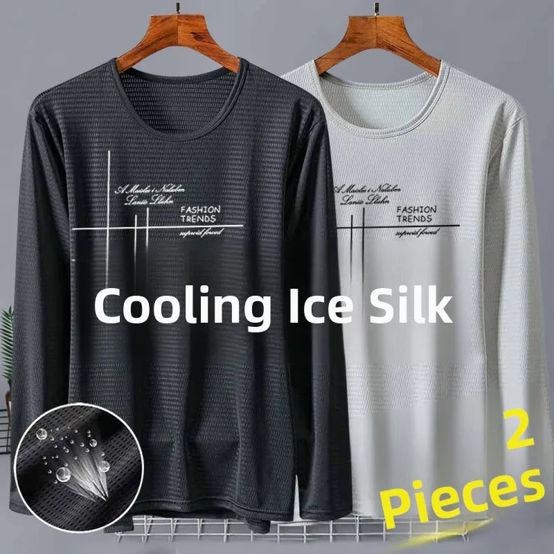 New 2025 Men's Ice Silk Breathable Sun Protection Hollow out Thin Long Sleeve Casual Sports T-Shirt Large Size Loose Fit