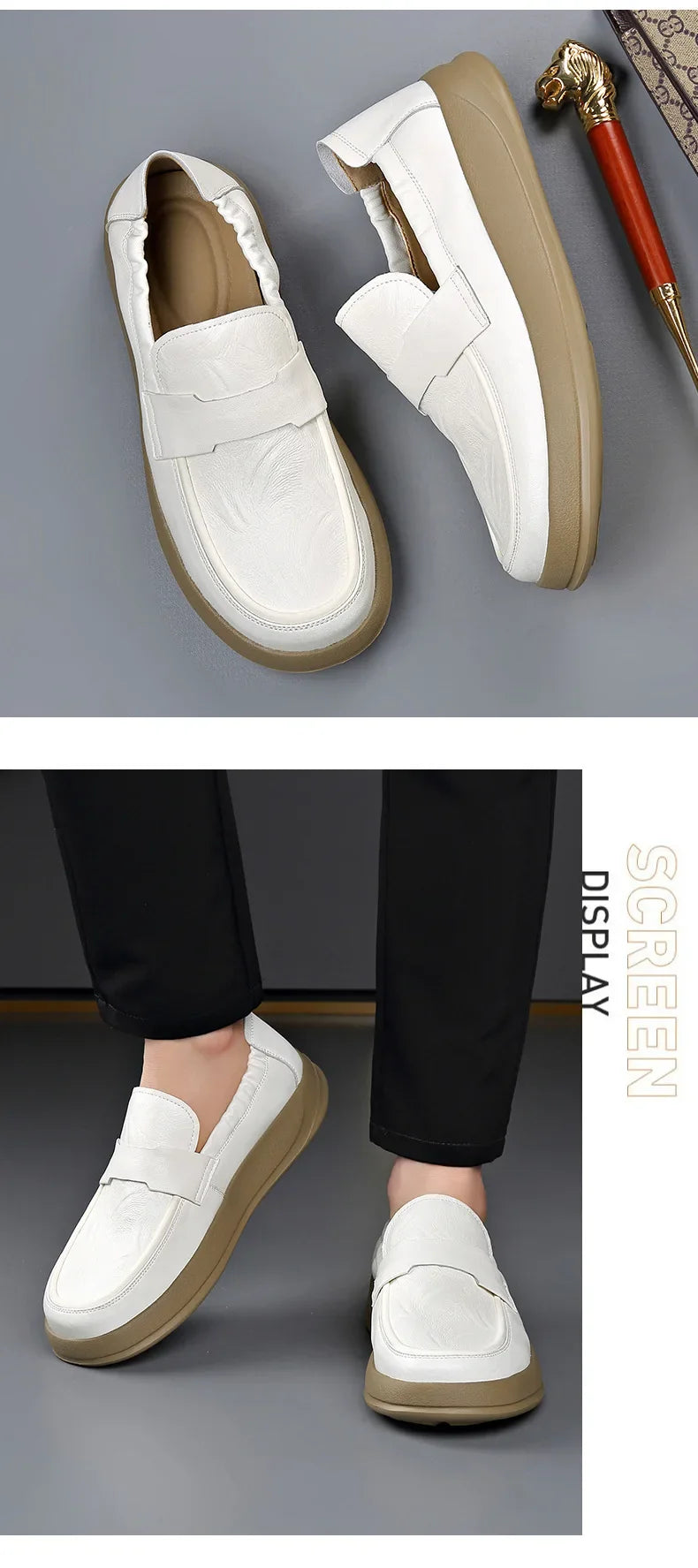 Spring Summer New Genuine Leather Shoes Men Solid Color Fashion Loafers Male Soft Sole Anti-slip Height-increasing Loafers Man