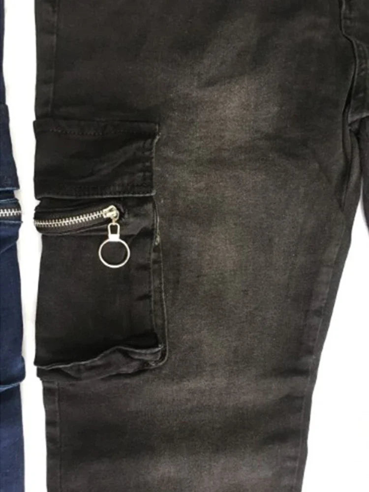 Jeans Men Denim Cargo Pants Wash Solid Color Multi Pockets Casual Mid Waist Trousers Street Elasti Slim Fit Daily Wear Joggers