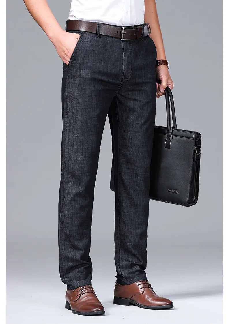 Modal Fabric Spring Summer Men's Black Thin Straight Jeans Classic Style Business Fashion Stretch Loose Jeans Male Brand