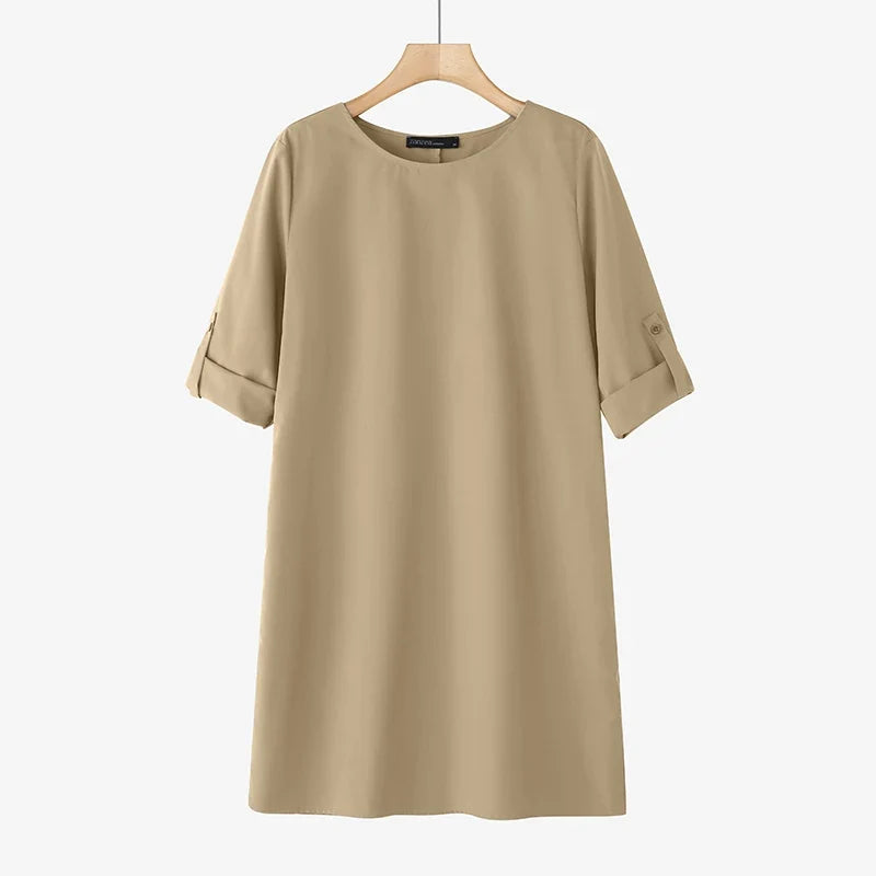 Elegant Women Party Dress 2026 Summer Fashion 3/4 Sleeve Casual Shirt Vestidos Pockets Loose Solid Knee-length Sundress