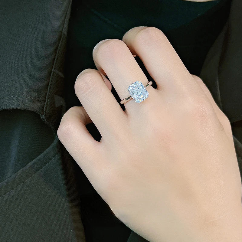8 * 10 rectangular Redion 925 silver ring set with high carbon diamond daily diamond ring, niche and versatile for women