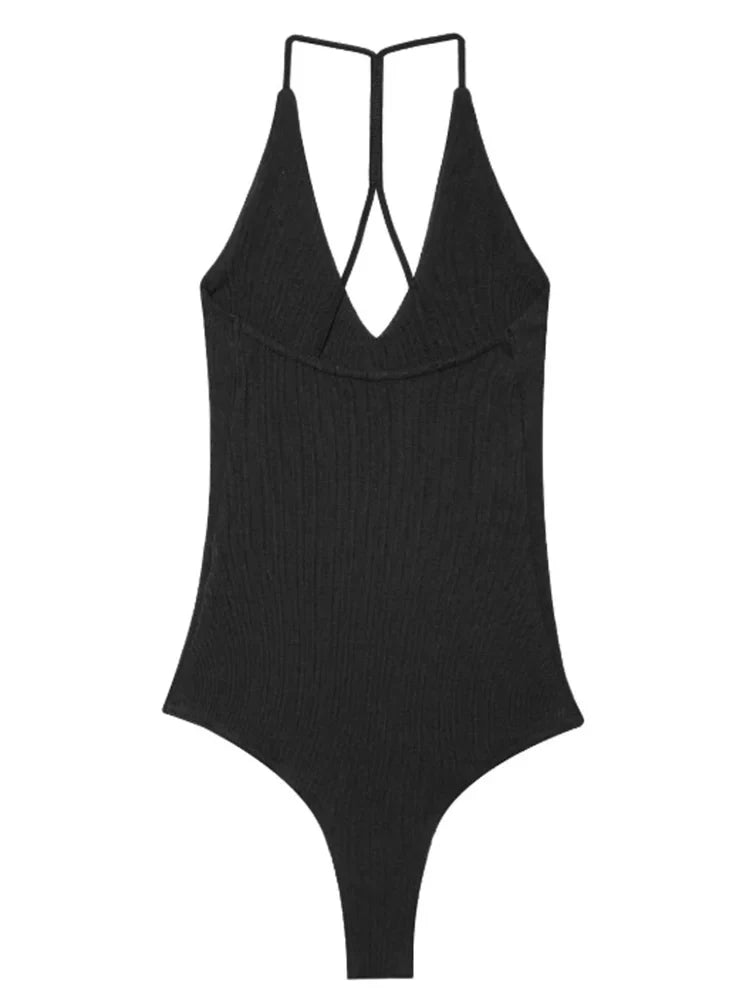 HXAO Female Bodysuit Summer Slip Off Shoulder One Piece Swimsuits Corset Backless Bodysuits Sexy Women Beach Black Brown Body