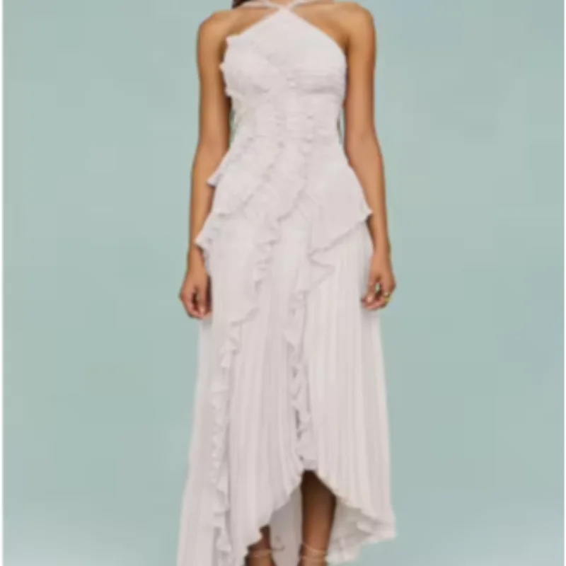 Elegant Neck Strap Ruffles Evening Gown Solid Folds A Line Lace Up Backless Sexy Party Dress 2025 New Party Vacation Y2k Robe