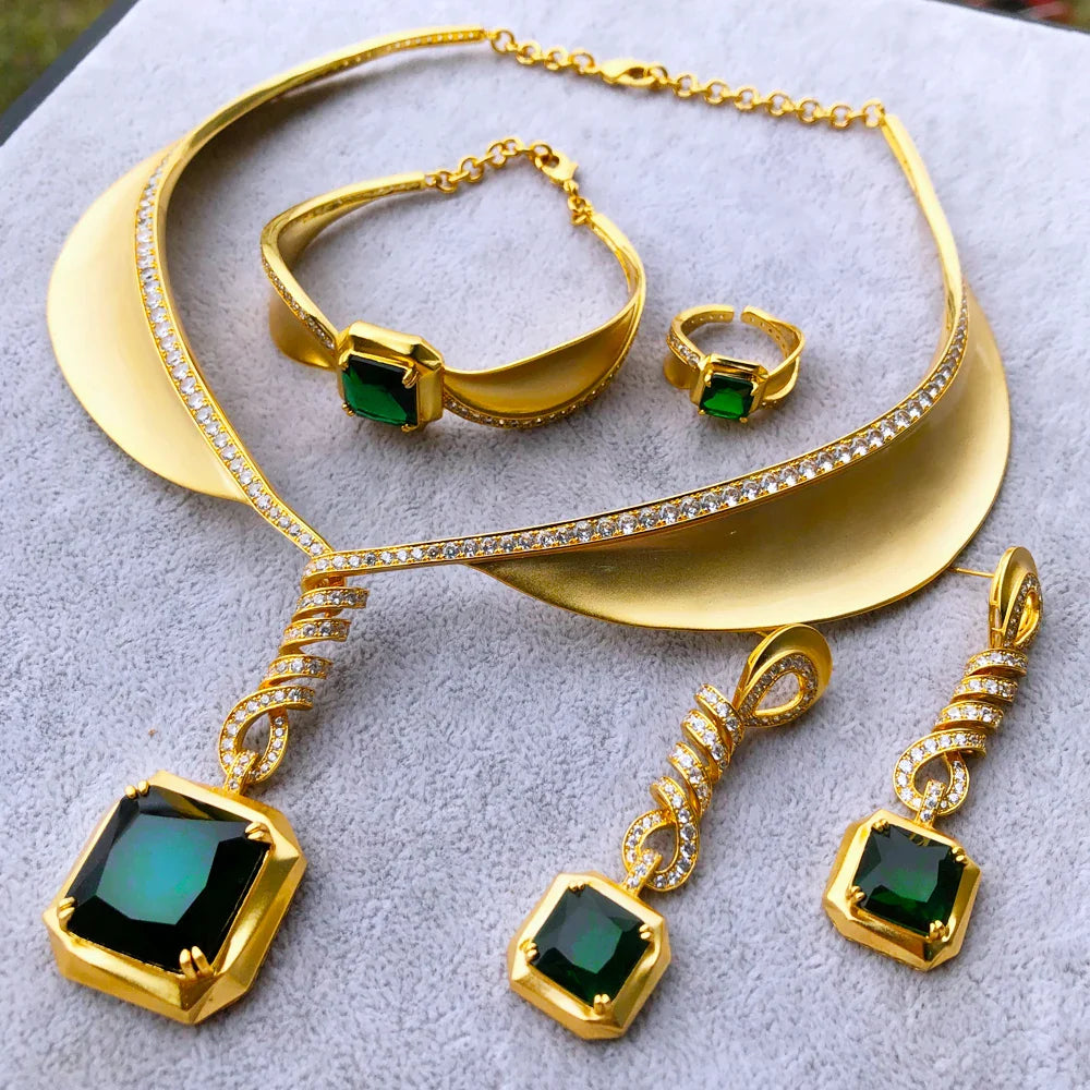 Famous Brand 4PCS Green CZ Luxury African Jewelry Set For Women Wedding Party Zircon Crystal Dubai Bridal Jewelry Set Gift
