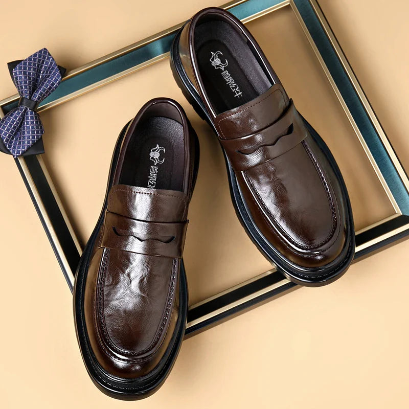 Thick Bottom Leather Shoes Handmade Loafers for Men High Quality Dress Shoes Male Social Masculino Business Botas Para Hombre