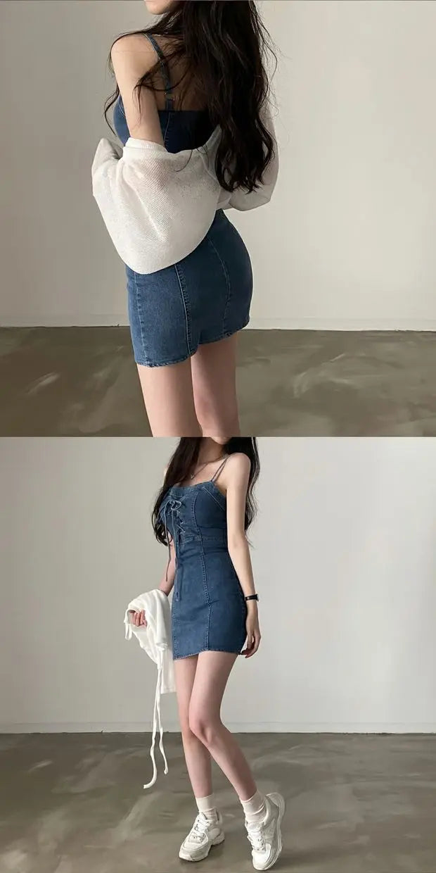 Summer Chic Design Off-oulder Denim Dr Women's Sexy Waist-Cinching Belted ort Skirt A-Line Cotton High Waist Korean Sle