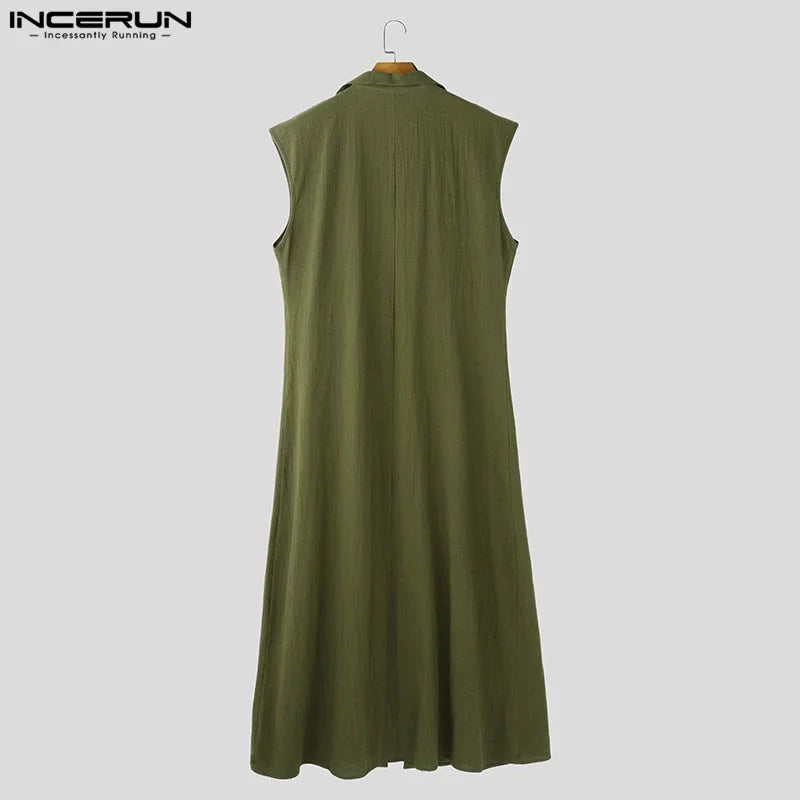 INCERUN Men Long Style Shirts Solid Stand Collar Sleeveless Casual Male Cardigan Streetwear 2025 Fashion Open Stitch Outerwear