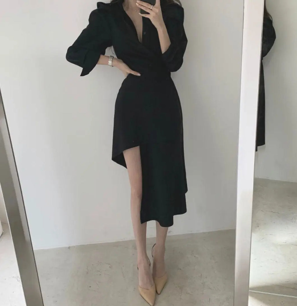 Early Autumn Shirt Dress Women's Mid-Length Asymmetrical Single-Button Notch Collar Slimming Style Commute Fashion