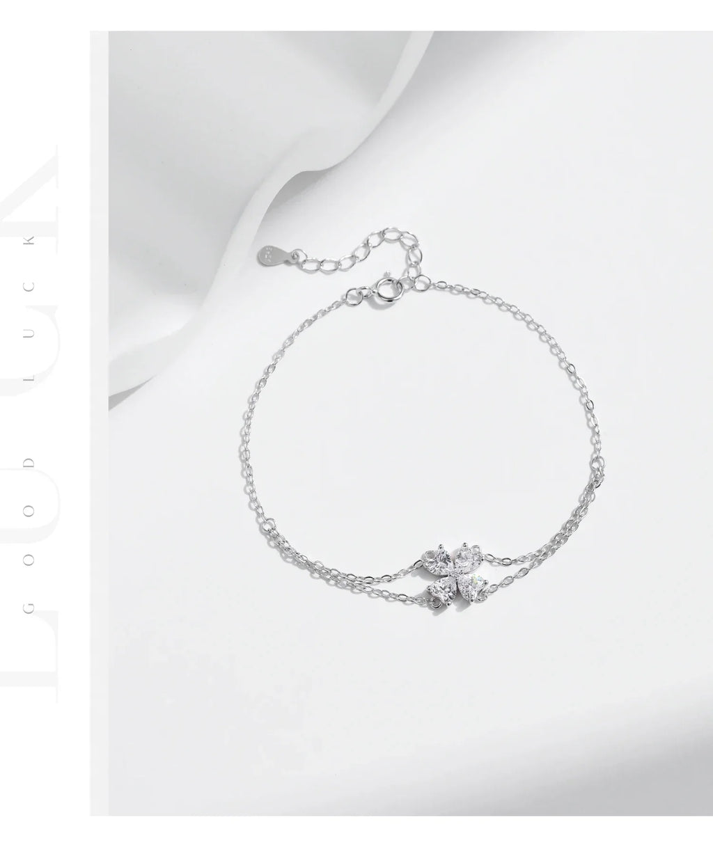 925 Sterling Silver Double Layer Flowers Hearts CZ Romantic Bracelet Luxury Adjustable Chain Link for Women Jewelry