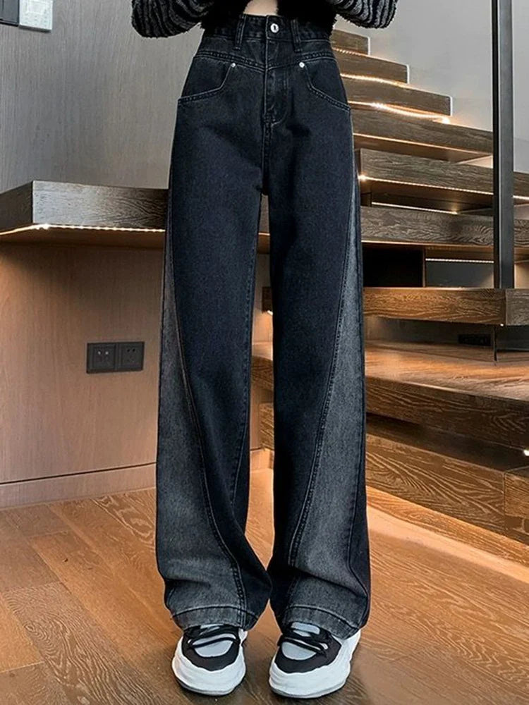 Woman High Waist Jeans High Street Patchwork Straight Leg Pants