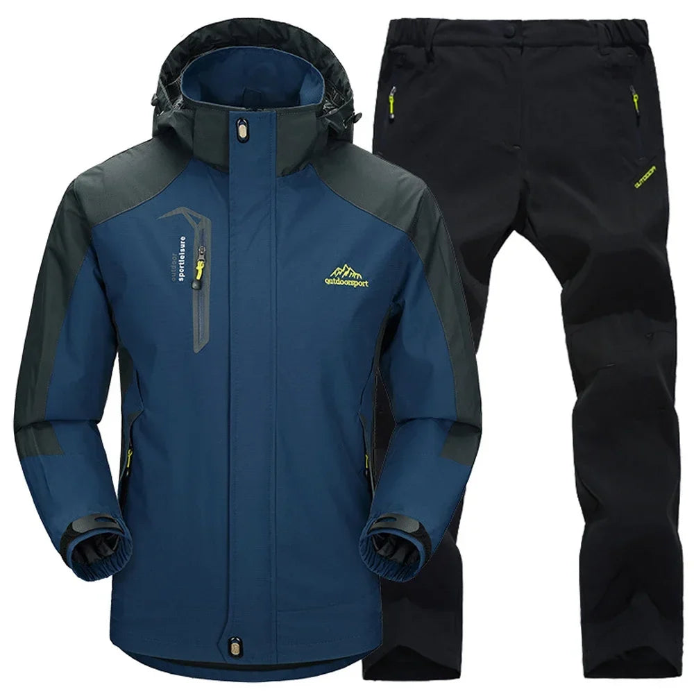 Outdoor Jacket Pants Sets Men Fleece Thermal Waterproof Windproof Hooded Jackets Hiking Military Trip Mountain Camping Clothes