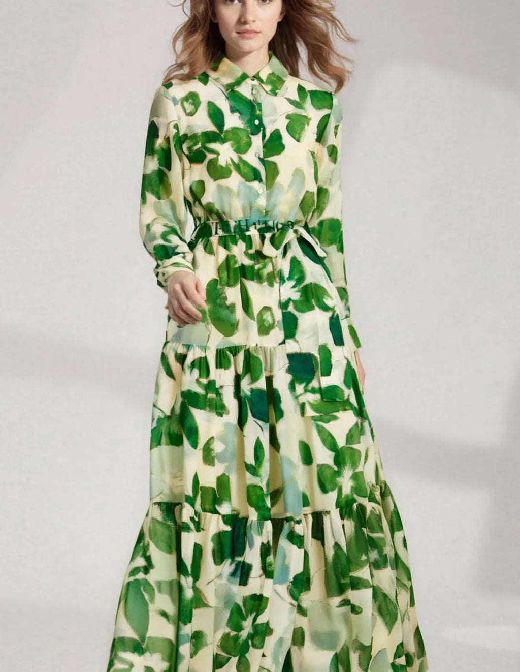 2025 Dresses Women's New Belted Chiffon Print V-neck Chic Slim Long Dress Fashion Elegant Holiday Street Women's Dress