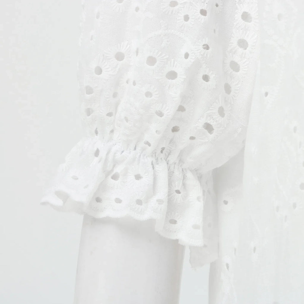 Summer Cotton White Dress for Women Casual Hollow Crochet Bohemian Loose Beach Long Dress Ladies Plus Size Holiday Ruffles Dress