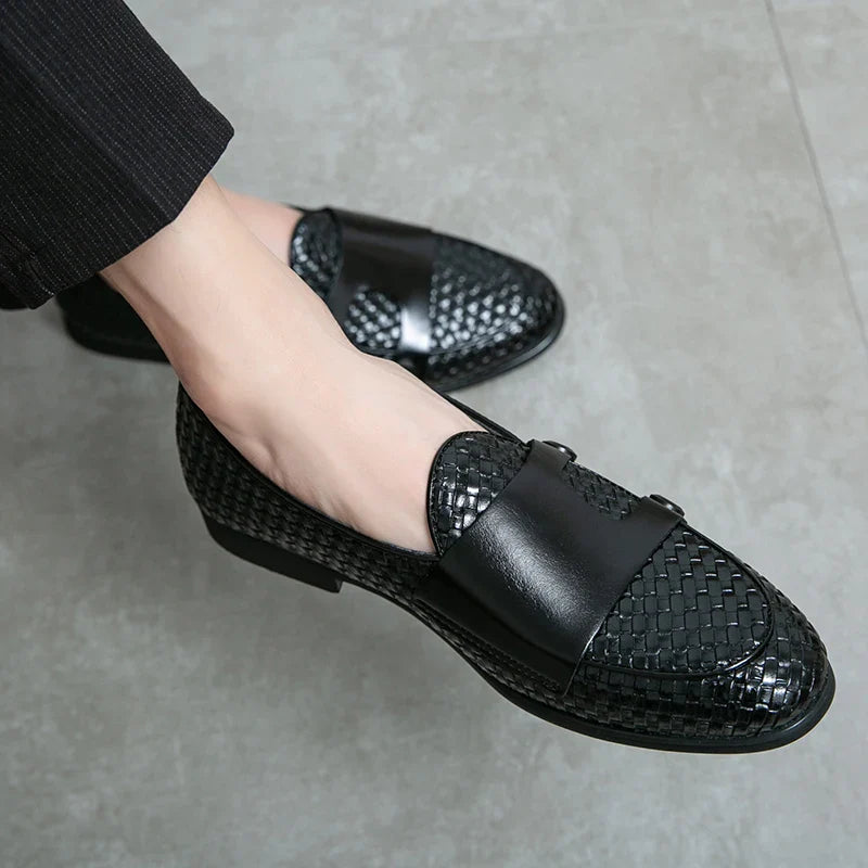 British Style Weave Pattern Microfiber Leather Monk Shoes Mens Buckle Party Wedding Loafers Moccasins Men Driving Flats
