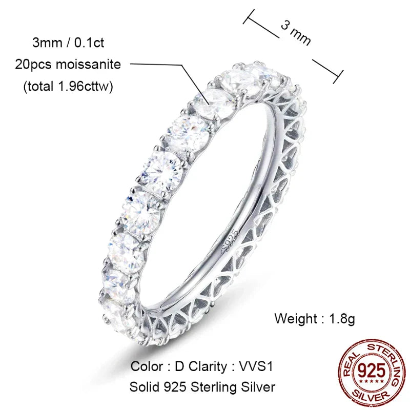 2mm Full Eternity Moissanite Ring 925 Sterling Silver D Color VVS1 Stackable Wedding Band For Women Fine Jewelry