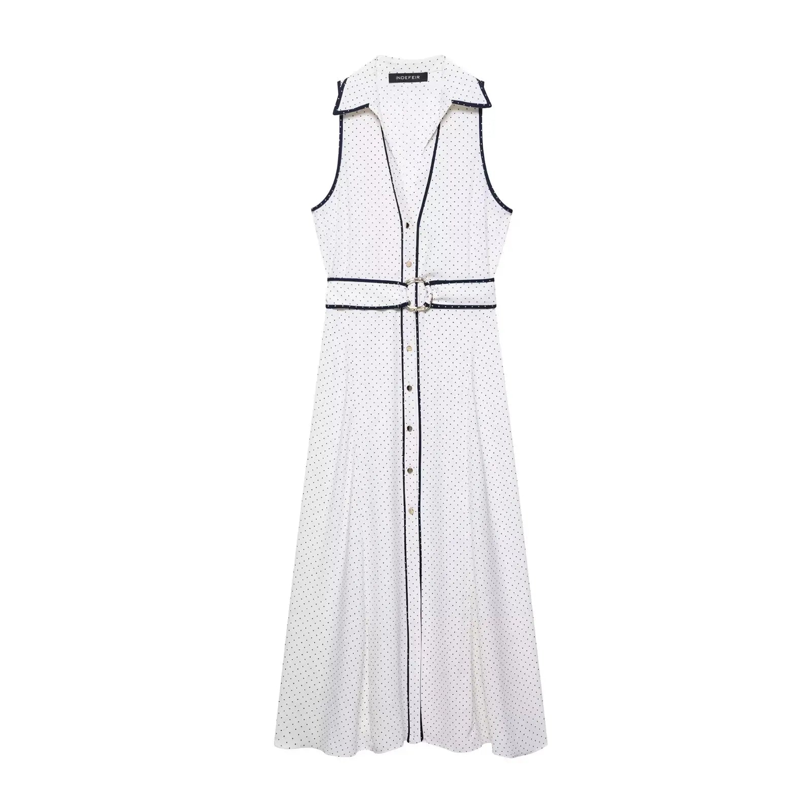 Woman Elegant Chic Sleeveless Single-breasted Midi Dress Summer Women Sexy White Polka Dot Shirt Style Chart Dress Mujer