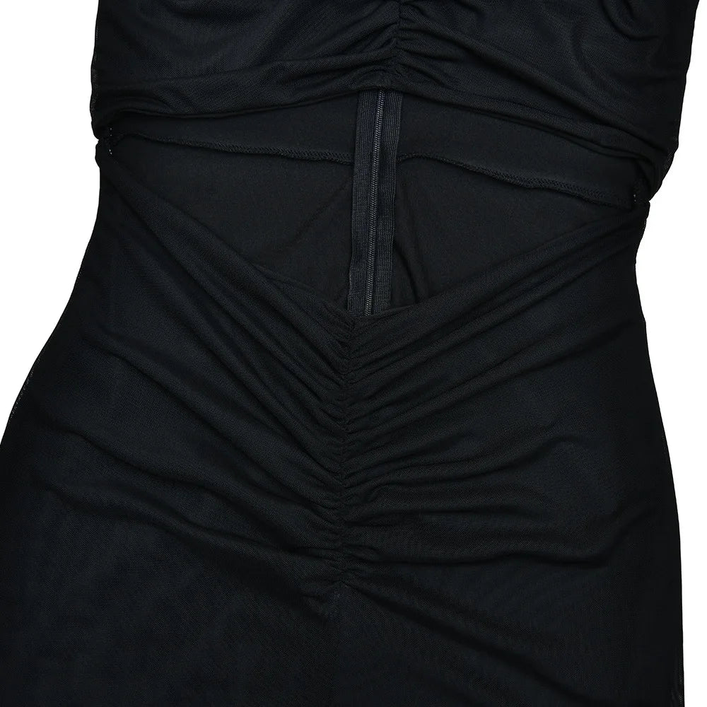 New Ruched Irregular Mesh Dress Women Patchwork High Neck Short Sleeve Hollow Out Long Dresses Female Party Maxi Dresses Outfits