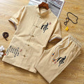 Summer Chinese style Shirts + Pants Dragon Embroried 100% Cotton linen Sportswear Men's Casual Sets Male Fashion Chinese style