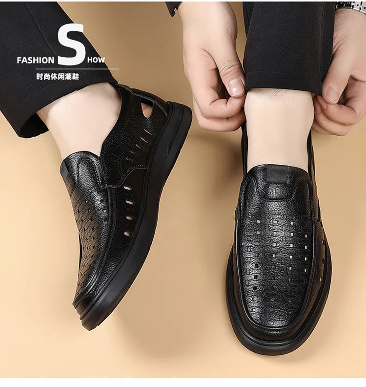 Spring Summer New Hallow Breathable Loafers for Men Fashion Casual Leather Shoes Male Solid Color Soft Sole Designer Shoes Man