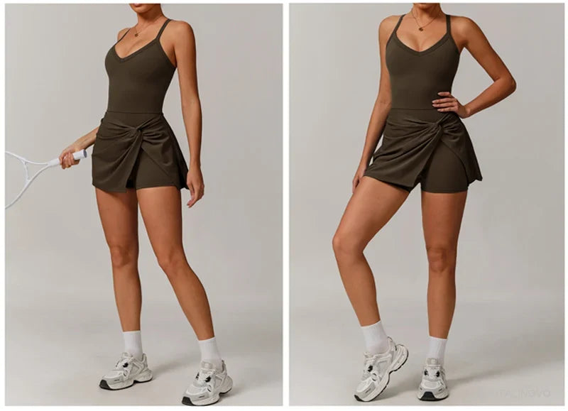 Womens Tennis Dress with Shorts Underneath Workout Dress with Built-in Bra Deep V Neck Athletic Dresses Golf Dress