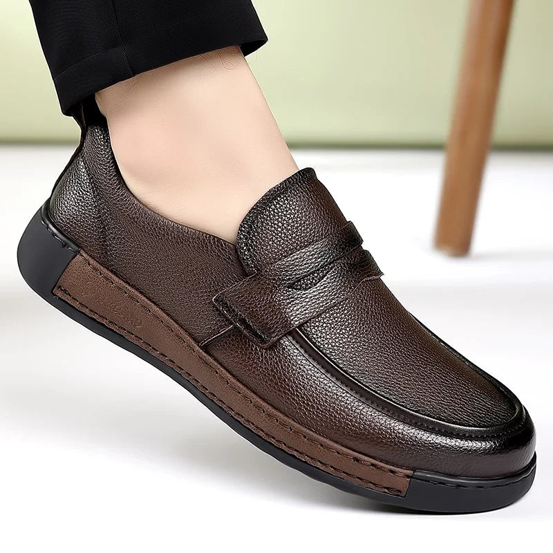 Men's Solid-Color Breathable Leather Casual Shoes  Fashionable And Lightweight Business Walking Shoes  Outdoor Anti-Slip Loafers