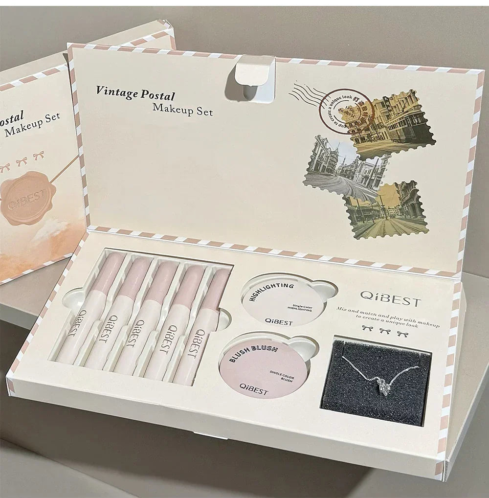 Retro Mail Makeup Set 5pc Matte Lip Mud,1 Blush,1 Highlight And 1 Necklace Gift Multipurpose Cosmetics Kits For Women