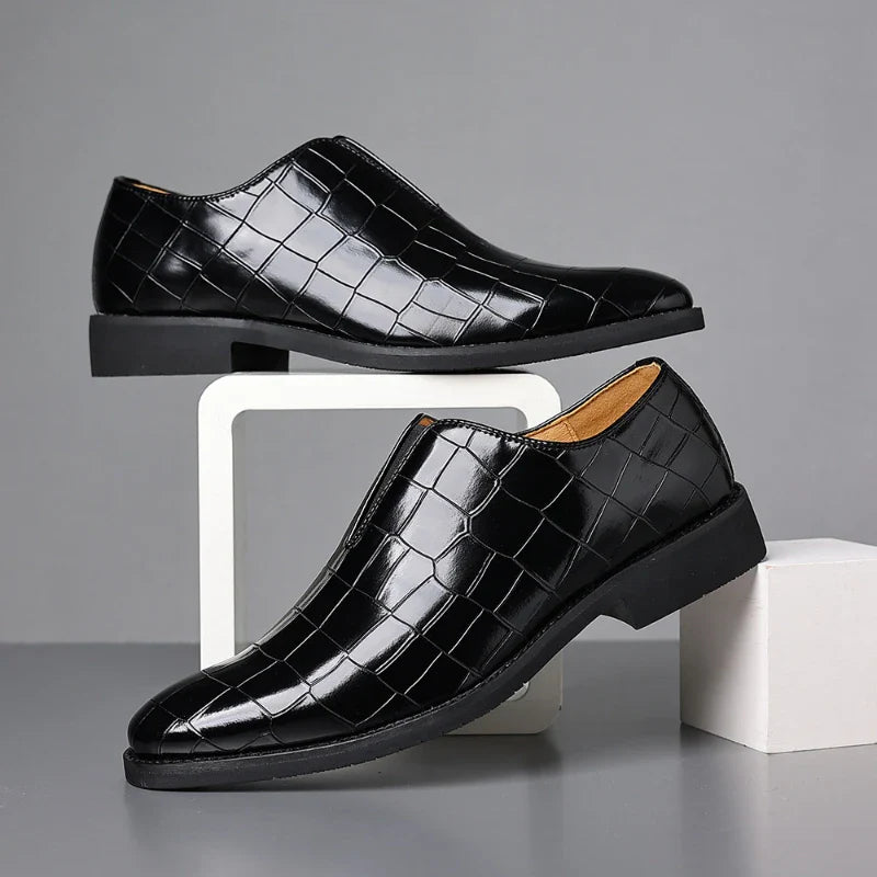 Mens Classic Temperament Brown Crocodile Embossed Leather Loafers Slip On Formal Dress Shoes For Business Office And Casual Wear