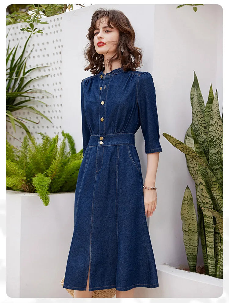 Women Denim Dress Retro Style Casual 2024 Spring Round Neck Three-quarter Sleeve Slim Fit A-line Fishtail Dress