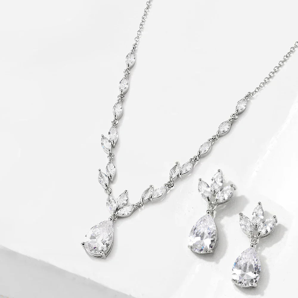 ZAKOL Elegant Necklace/Earring Jewelry Set for Women Gorgeous Pear Water Drop AAA Zircon Wedding Jewelry Gift