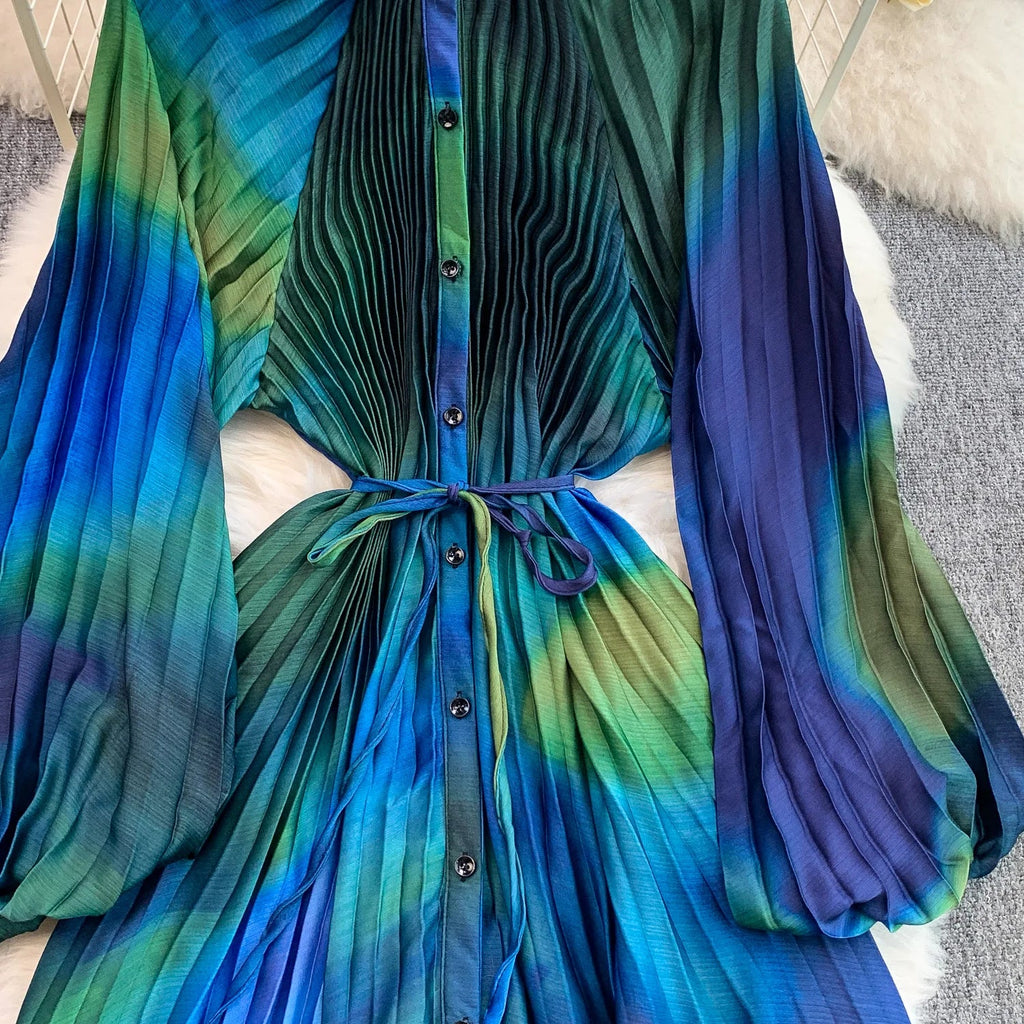 Printed round Ne Lantern Sve Dr Women's Single Button Waist Cinch Maxi Skirt Long Dr Commute Sle Autumn