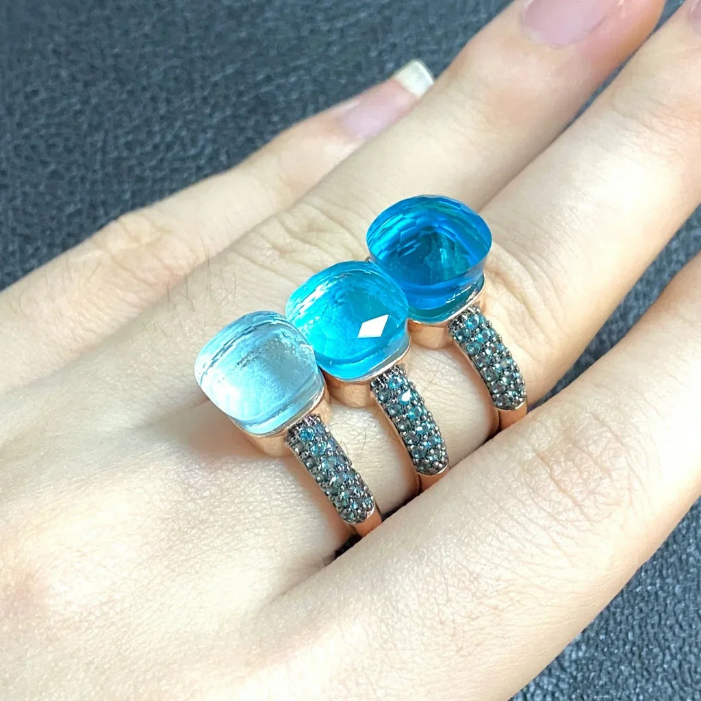 10.6mm Elegant Blue Topaz Zircon Ring Dual Tone Black Gun & Rose Gold 30 Colors Candy Crystal Jewelry Gift for Women