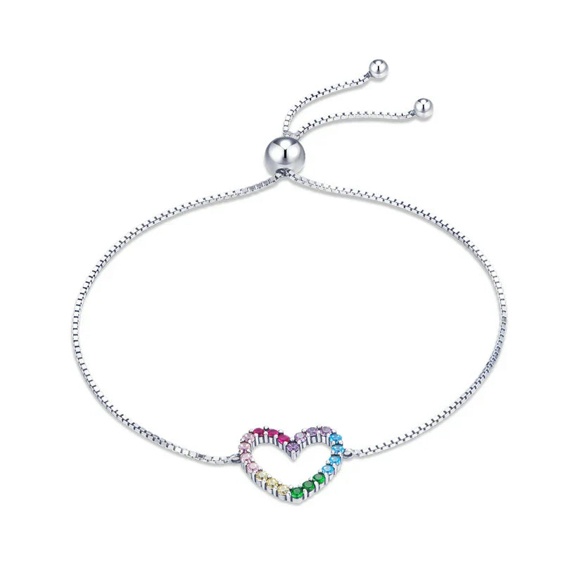 925 Sterling Silver Colorful Heart Pattern Adjustable Bracelet Love Zircon Chain for Women Fine Jewelry SCB216