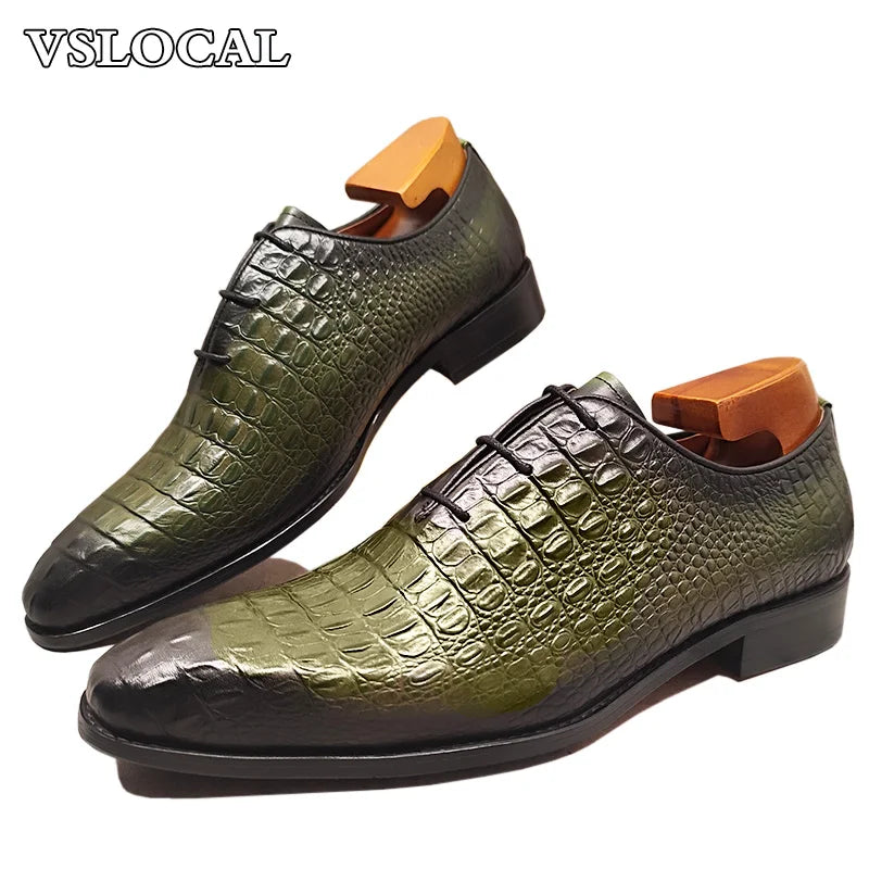 Luxury Men Oxford Shoes Green Black Croco Print Casual Mens Dress Shoes Lace up Wedding Office Genine Leather shoes men