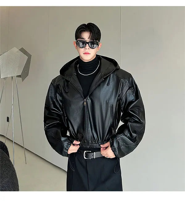 Spring Autumn Short Waterproof Black Pu Leather Jacket Men Hood Zipper High Waist Loose Casual Korean Fashion 2025