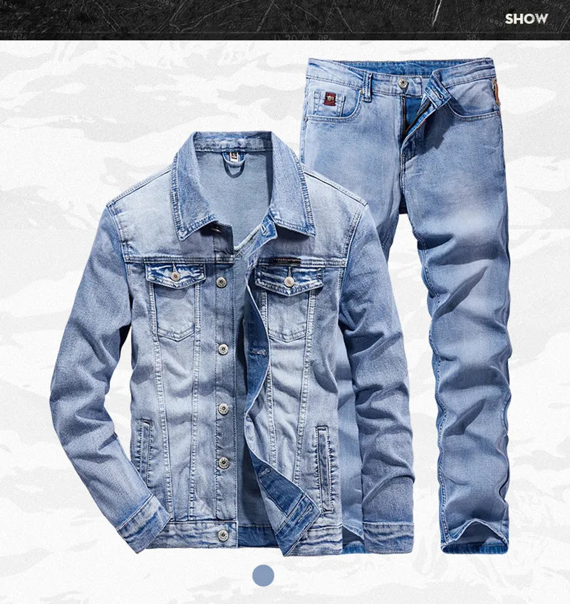 Spring Autumn Denim Suit Men's Slim Micro-stretch Two-piece Spring and Autumn Jacket Jeans
