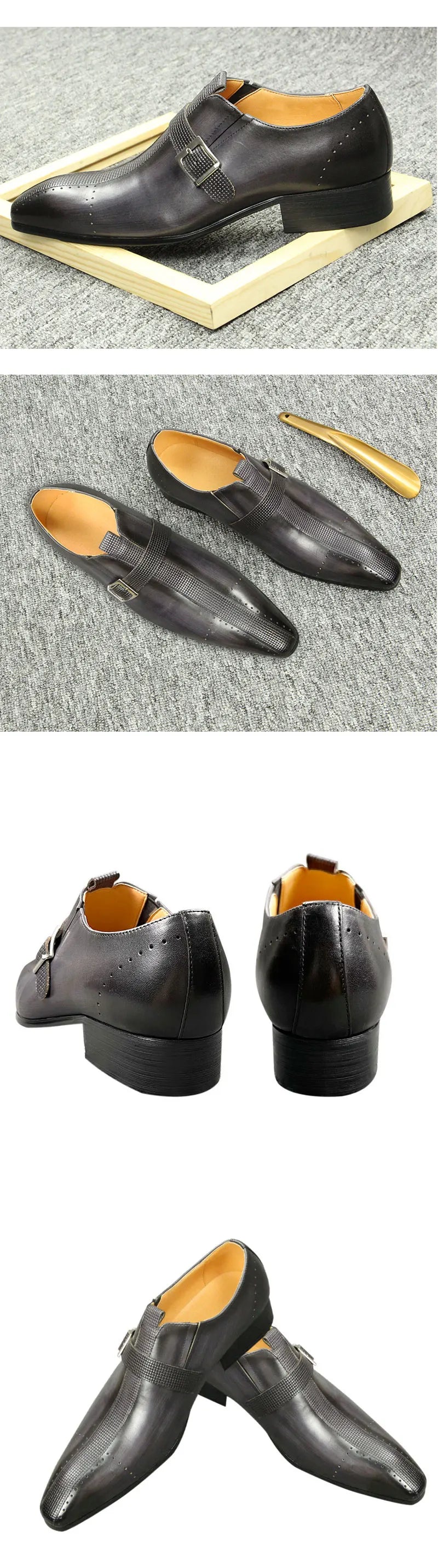 New Men's Genuine Leather Shoes Fashion Leather Buckle Formal Oxford Shoes Office Buckle Strap Pointed Men Dress Wedding Party