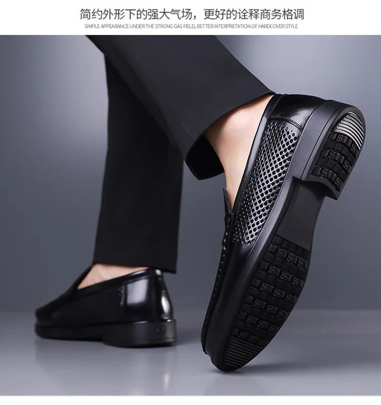 2026 Summer New Men's Breathable Leather Loafers Slip-On Hollow Out Casual Business Casual Shoes for Man Flat Driving Shoes Male