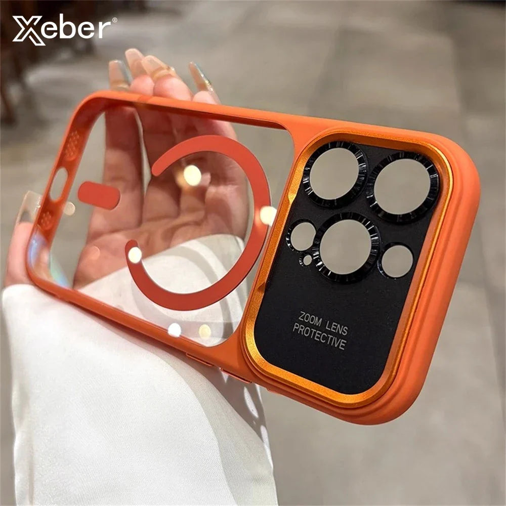 Luxury Magnetic Metal Lens Bumper Protection Case For iPhone 17 16 15 14 13 Pro Max Plus For Magsafe Acrylic Translucency Cover