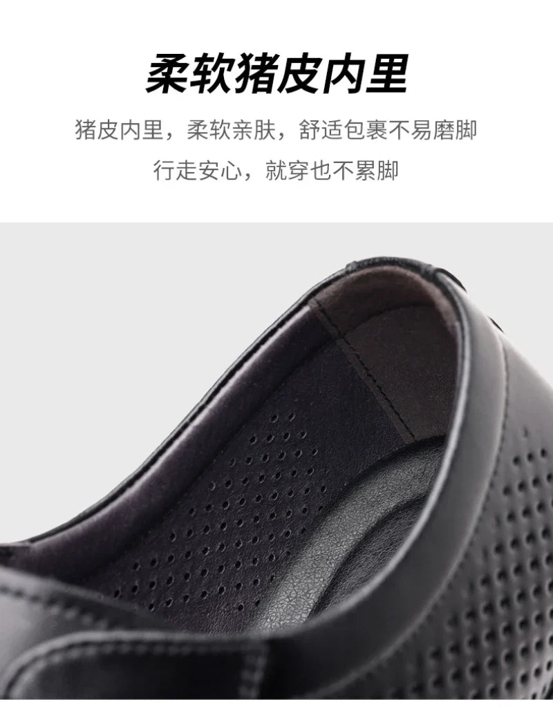 Mens Black Genuine Leather Perforated Metal Decor Lace Up Formal Business Office Breathable Summer Shoes Hollow Stylish Simple