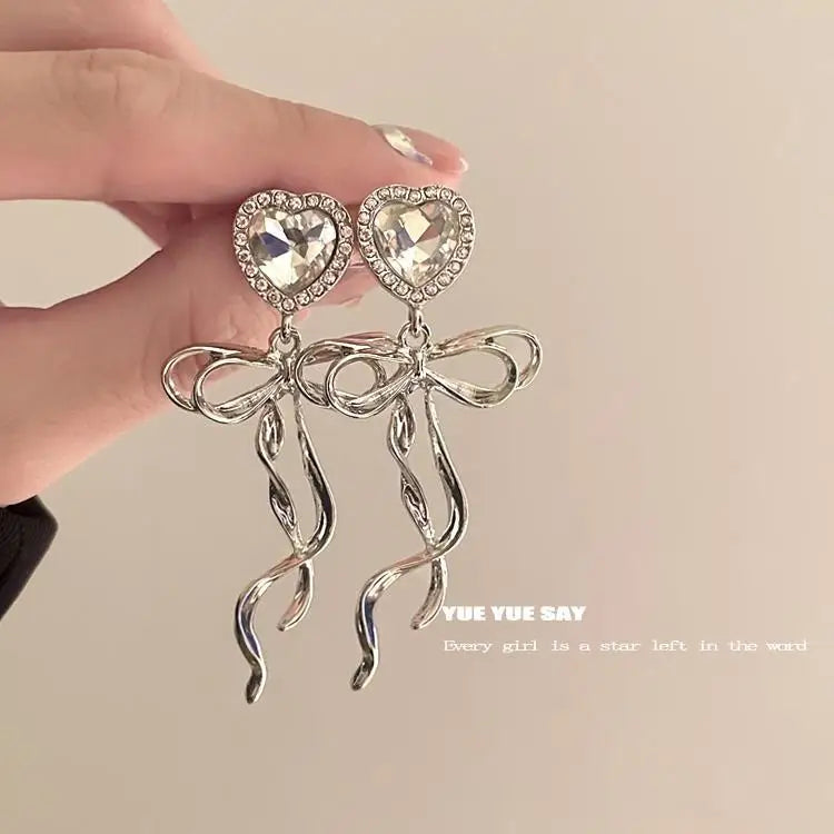 Jewelry Sweet Heart Rhinestone Butterfly Shape Dangle Earrings for Women Silver Color Korean Fashion Y2K Piercing Earring