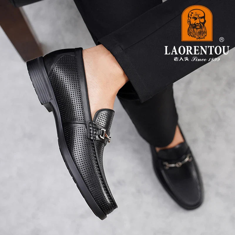 LAORENTOU men's bean shoes, genuine leather hollow out breathable business casual dad leather sandals, soft soled loafers10790DW