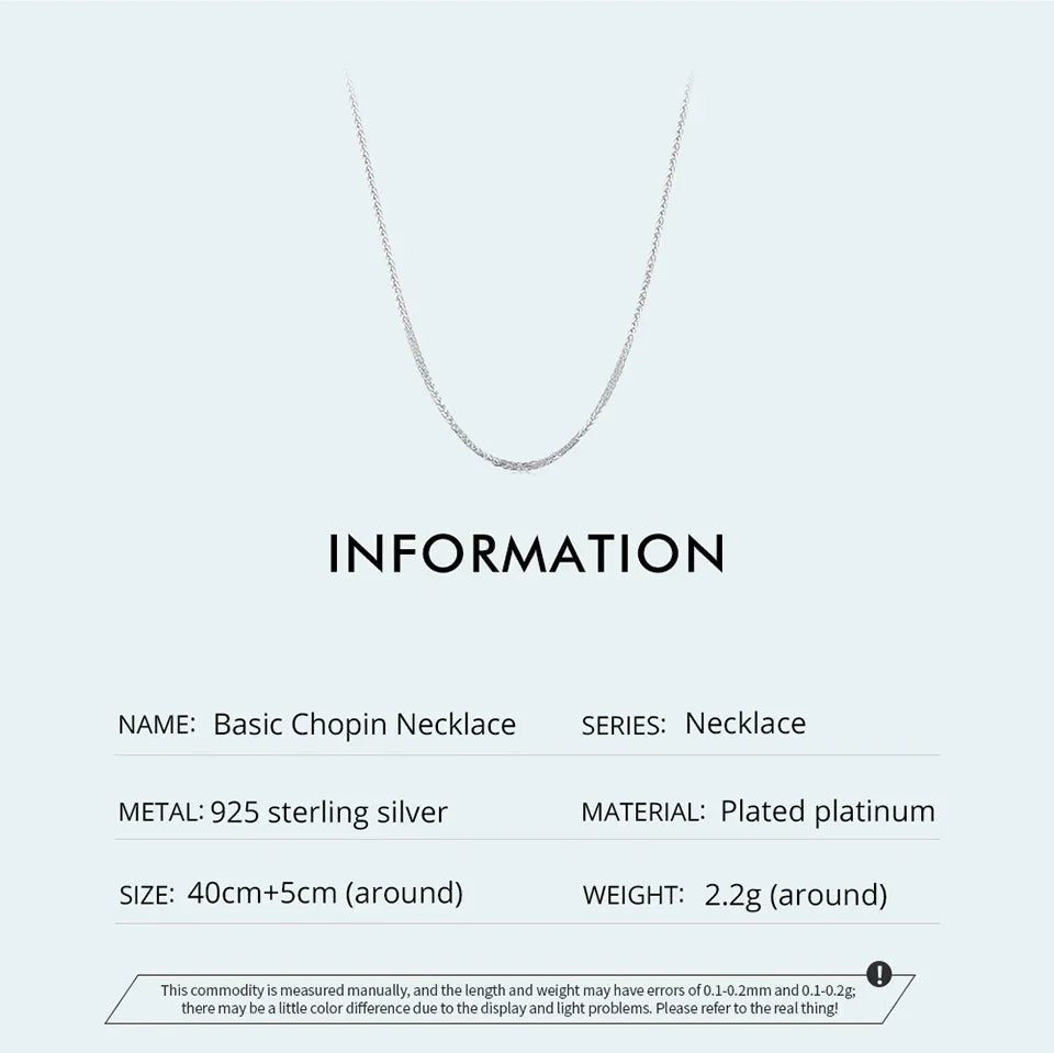 925 Sterling Silver Basic Chopin Necklace Simple Style Chain Link for Women Platinum Plated Fine Jewelry SCA019