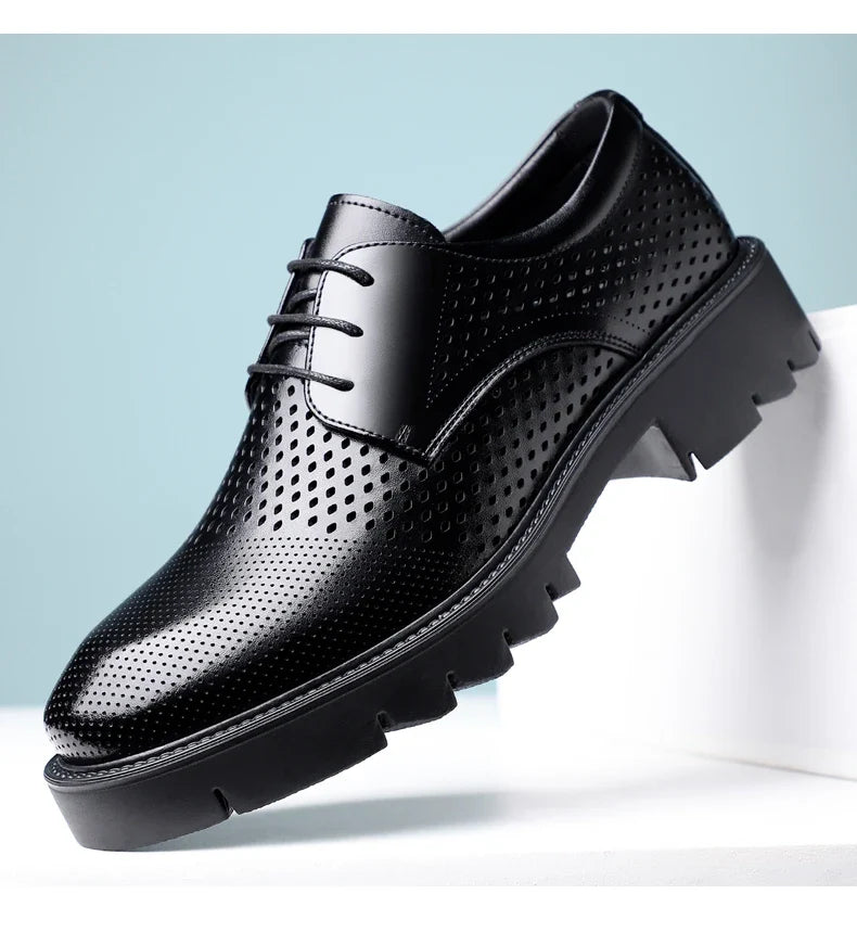 Summer Hollow Out Breathable Men Height Increasing Oxford Shoes 8/10CM Formal Business Dress Wedding Party Elevated Leather Shoe
