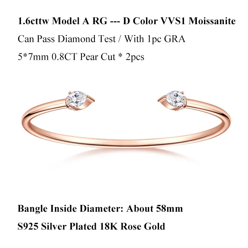 2-Stone 0.8ct Pear Cut Moissanite Cuff Bangle 925 Silver Open Hand Chain Bracelet Adjustable Diamond Jewelry For Women Gift