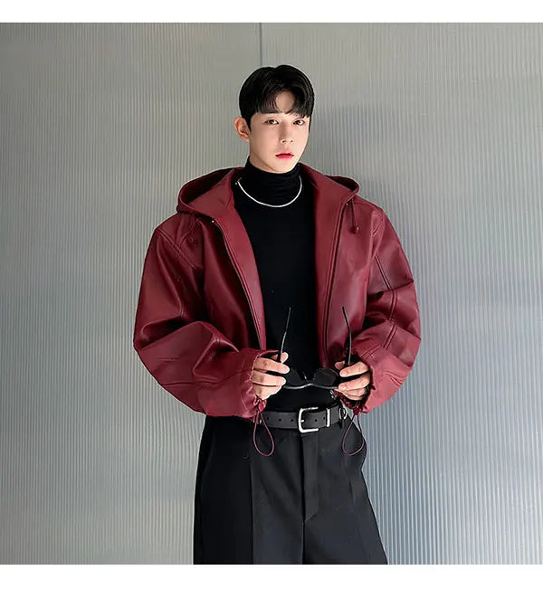Spring Autumn Short Waterproof Black Pu Leather Jacket Men Hood Zipper High Waist Loose Casual Korean Fashion 2025