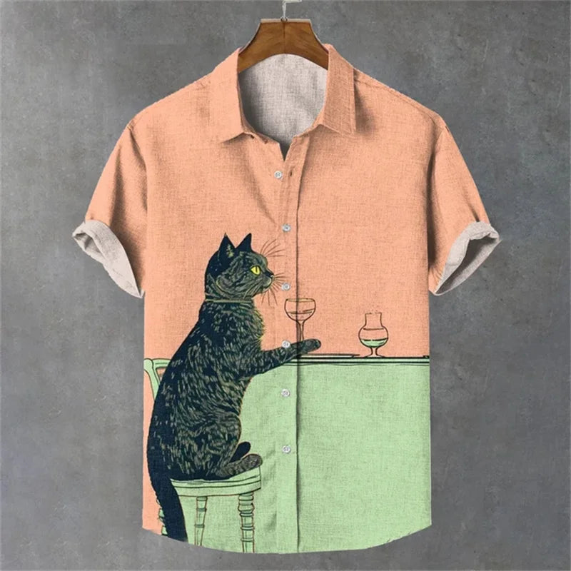 Short sleeved high-end shirt top printed street party social fashion 2024 men's shirt plus size elegant and handsome dog